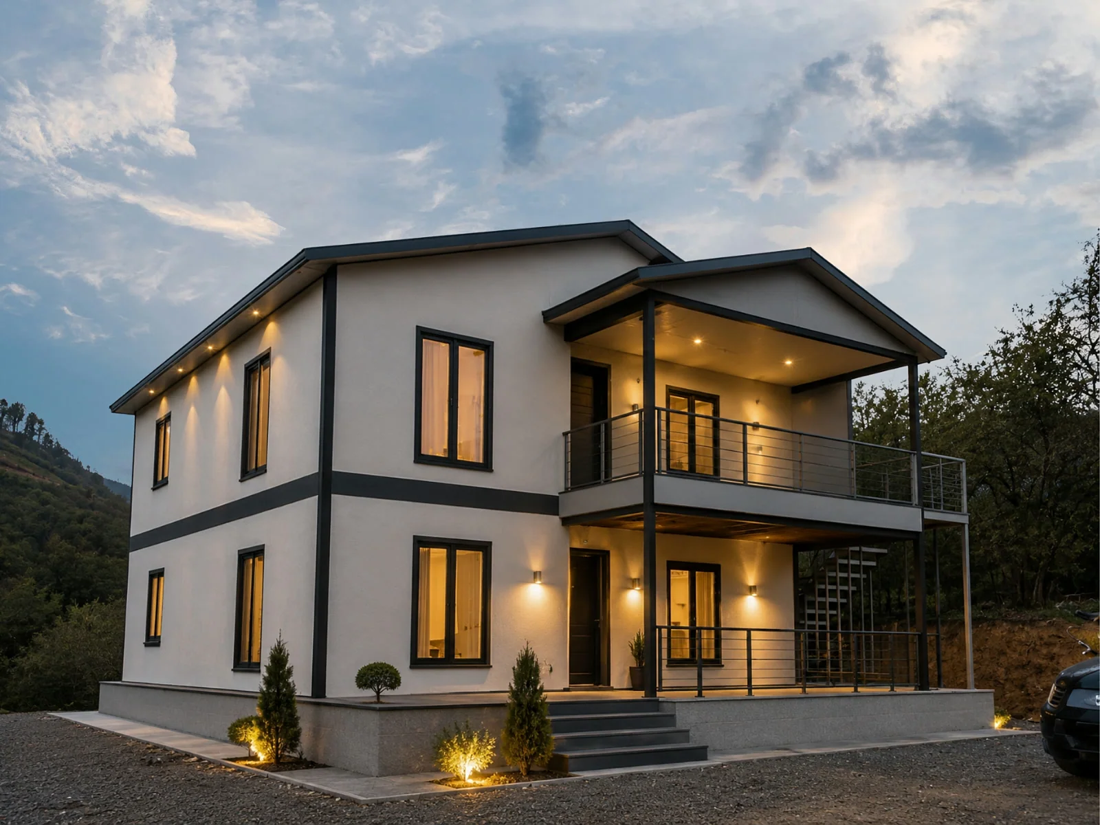 Çift katlı 3+1 prefabrik ev, antrasit cephe ve geniş kablo korkuluklu balkon, alacakaranlıkta aydınlatılmış görünüm