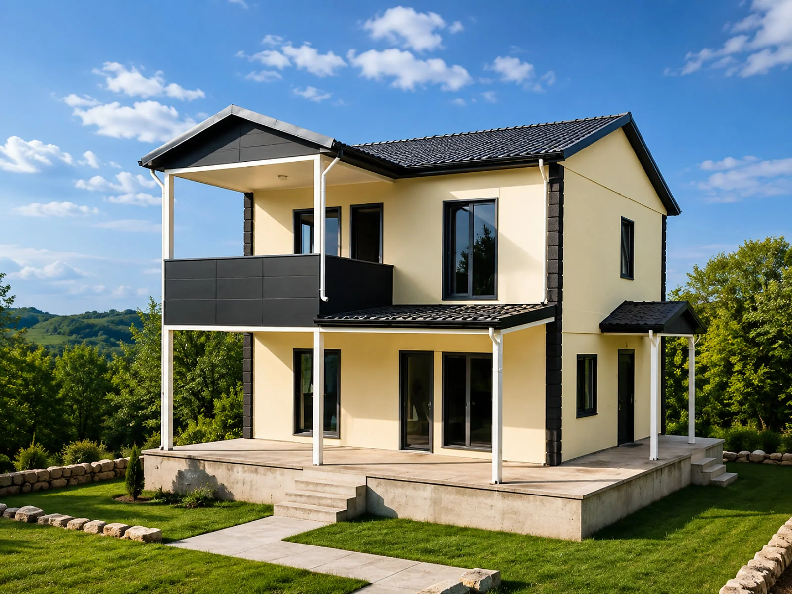 Çift katlı 3+1 prefabrik ev, sarı cephe, siyah kiremit desenli çatı ve geniş balkonlu dış görünüm