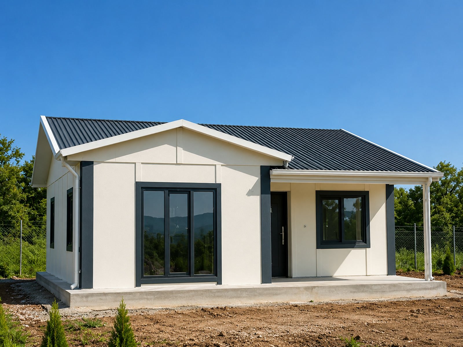 Tek katlı 2+1 verandalı prefabrik ev dış cephe görünümü
