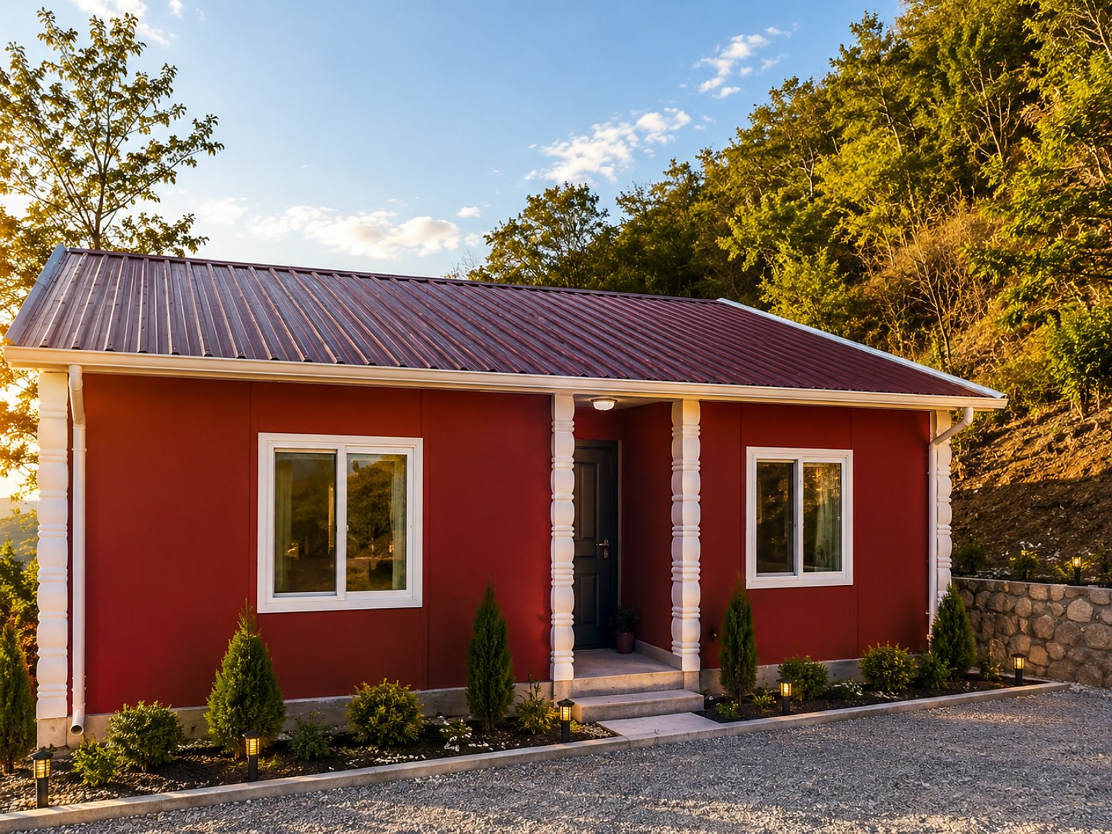 Tek katlı 2+1 kırmızı cephe, beyaz sütunlu prefabrik ev dış cephe görünümü