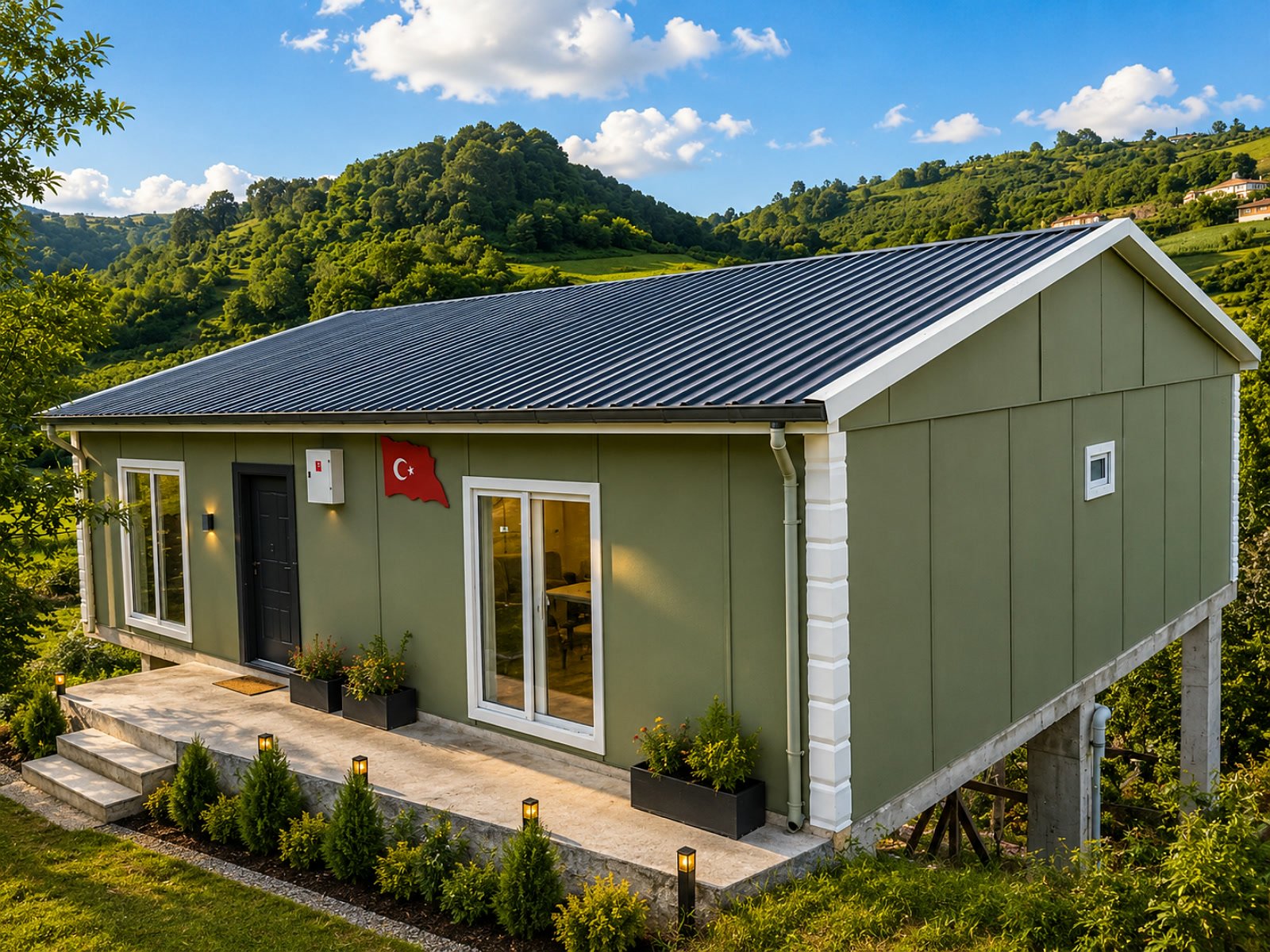 Kırmızı çatılı tek katlı prefabrik ev, düzenlenmiş bahçe